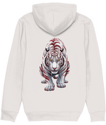 Women's White hoodie with a red and black tiger design on the back against a white background