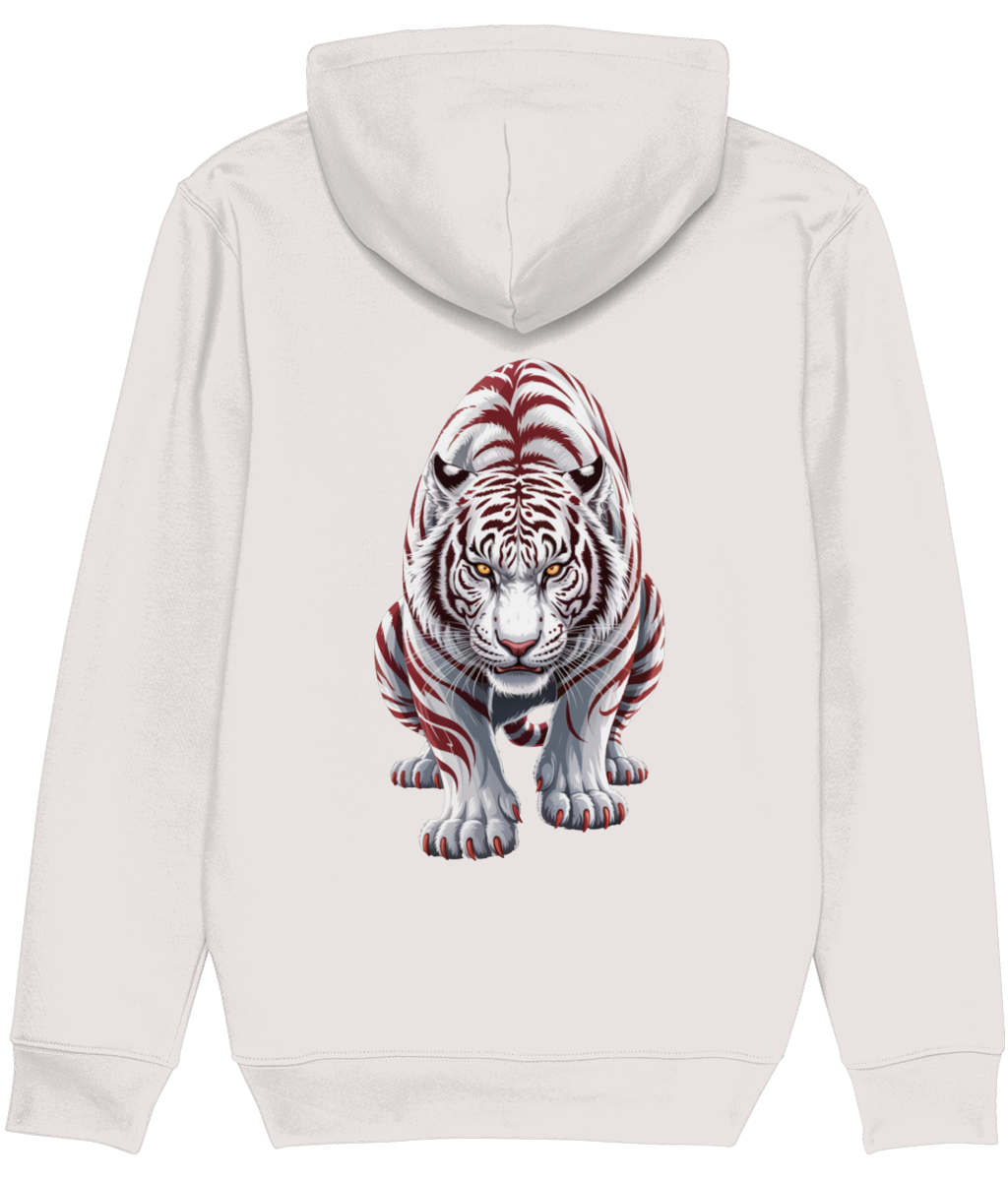 Women's White hoodie with a red and black tiger design on the back against a white background