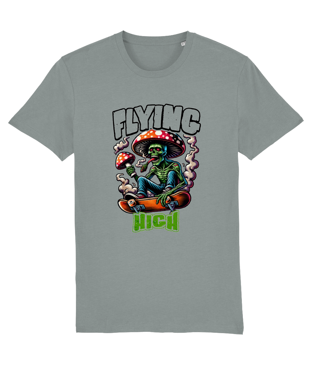 Gray t-shirt with a graphic design of a skeleton on a skateboard, mushrooms, and 'Flying High' text.