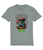Gray t-shirt with a graphic design of a skeleton on a skateboard, mushrooms, and 'Flying High' text.