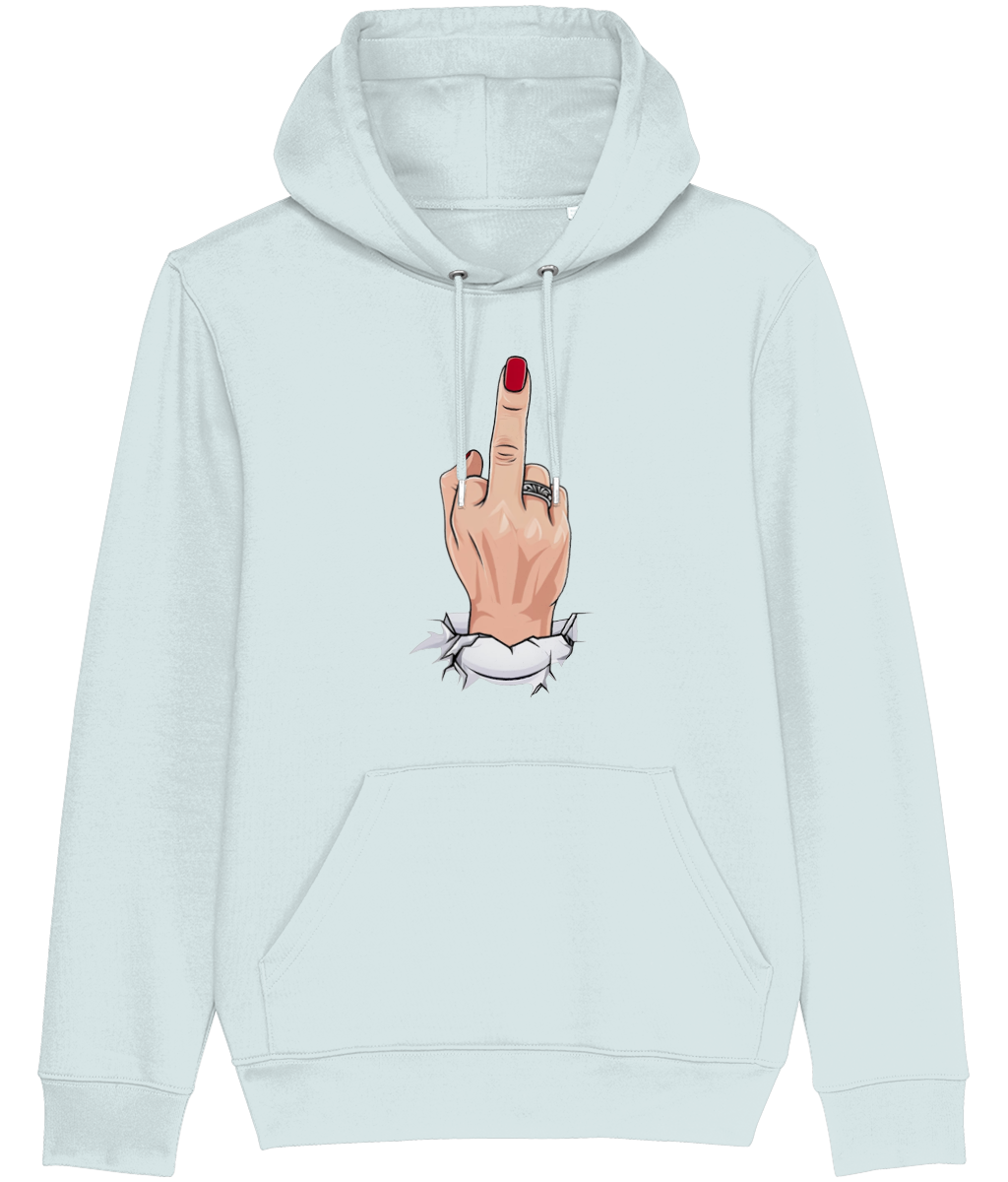Women's Light blue hoodie with a graphic of a hand making a middle finger gesture on a white background