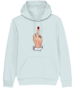 Women's Light blue hoodie with a graphic of a hand making a middle finger gesture on a white background