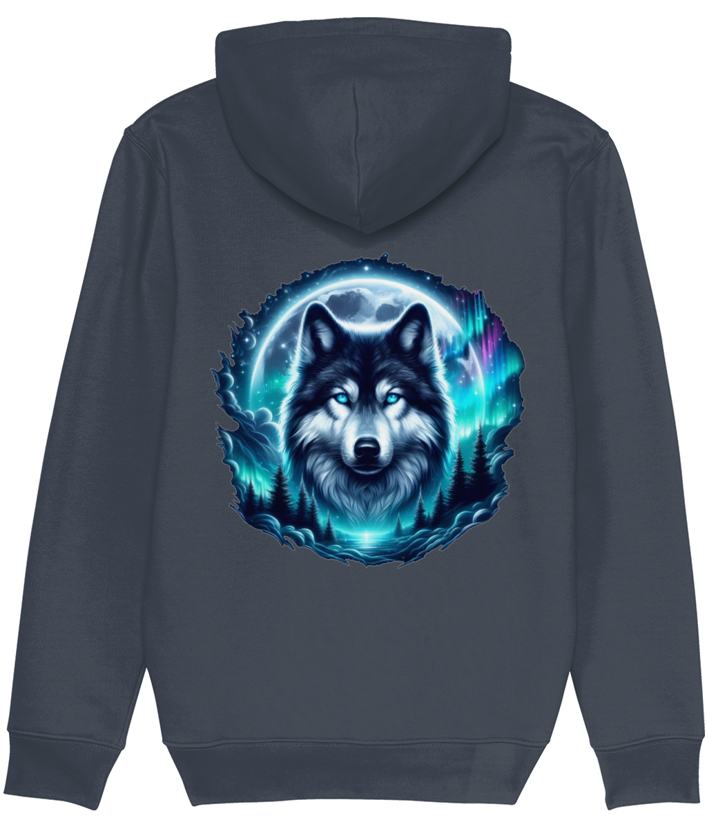 Men's Dark gray hoodie with a wolf graphic on the back against a white background