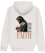 Women's White hoodie with a graphic of a praying figure and 'FAITH' text on the back.