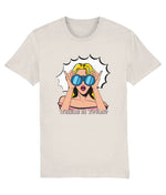 Women's Beige t-shirt with a graphic of a woman holding sunglasses and text 'WHERE IS YOUR?' on a white background