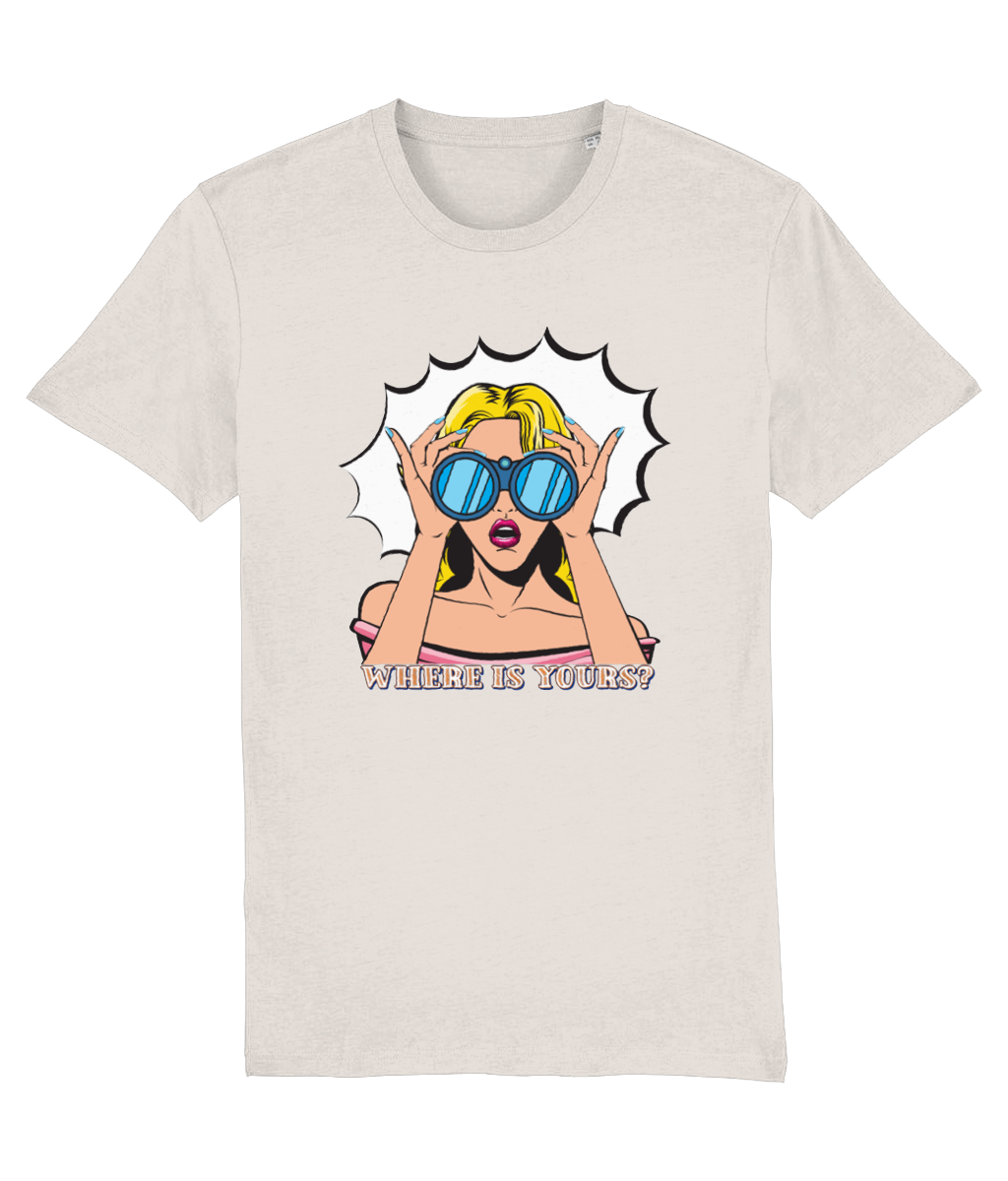 Women's Beige t-shirt with a graphic of a woman holding sunglasses and text 'WHERE IS YOUR?' on a white background