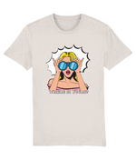 Women's Beige t-shirt with a graphic of a woman holding sunglasses and text 'WHERE IS YOUR?' on a white background