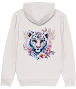 White hoodie with a colorful tiger design on the back against a white background