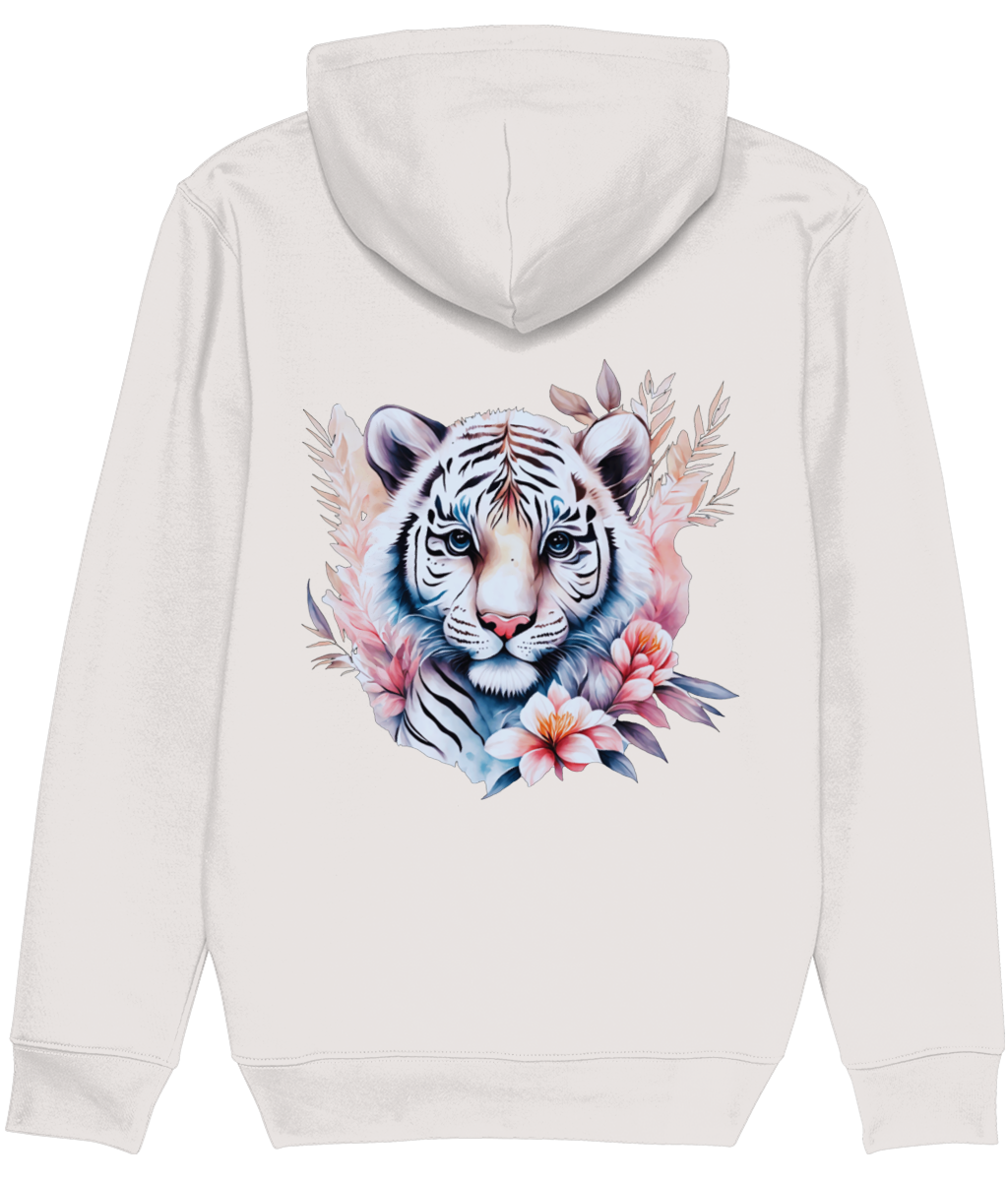 White hoodie with a colorful tiger design on the back against a white background