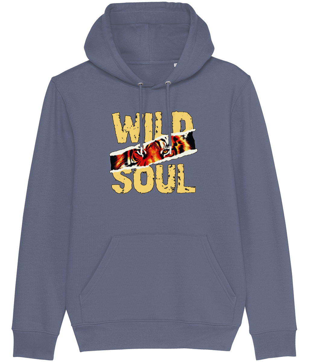 Blue hoodie with 'Wild Soul' text and tiger design on a white background