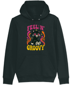 Women's Black hoodie with a colorful graphic of a cat and text 'Feelin' Groovy' on a white background