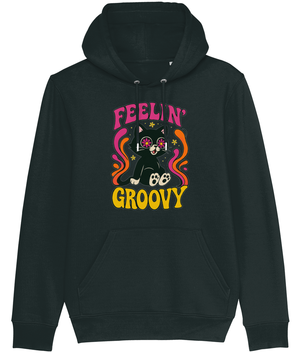 Women's Black hoodie with a colorful graphic of a cat and text 'Feelin' Groovy' on a white background