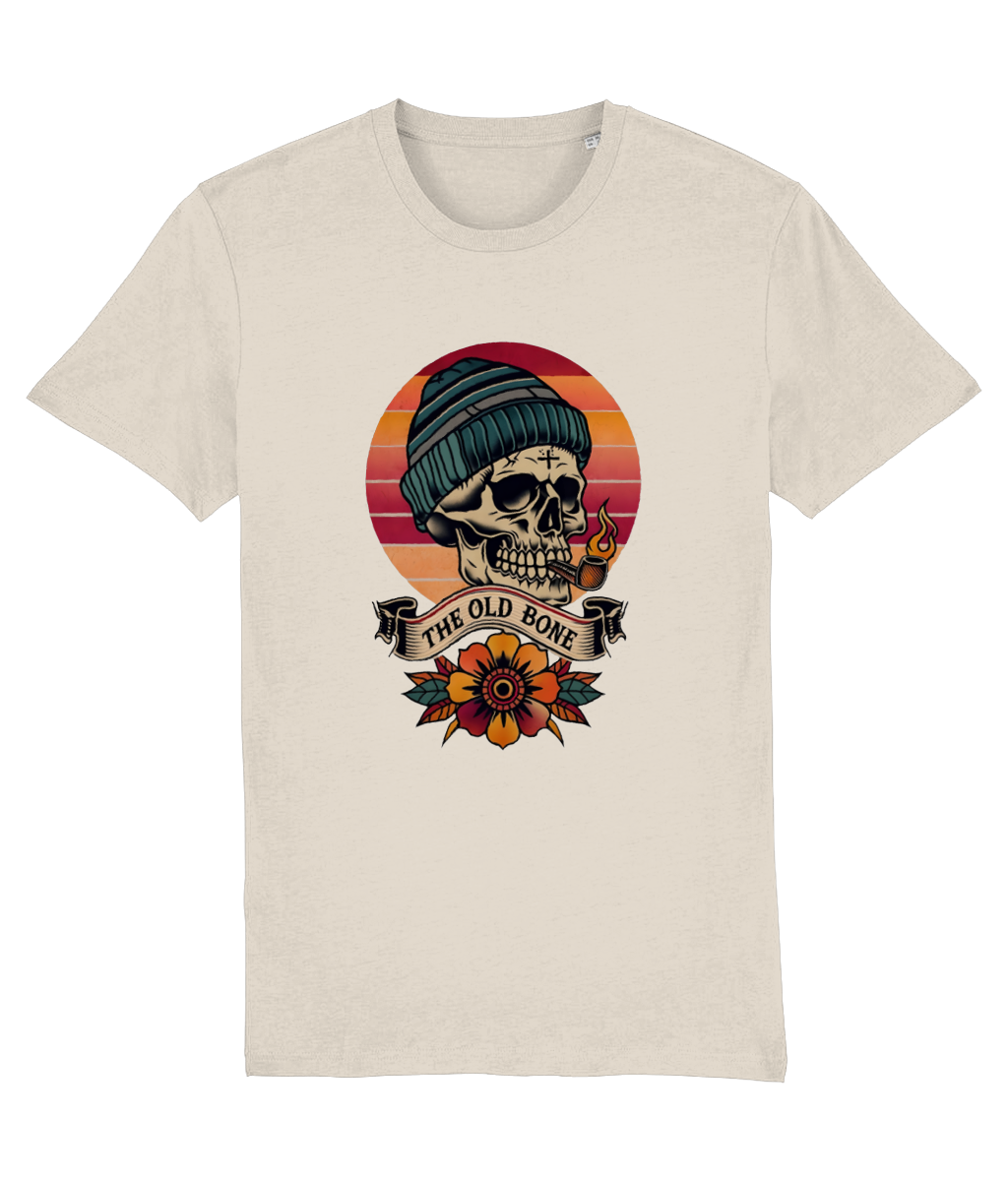 Beige t-shirt with a skull wearing a beanie and sunflower design on a white background