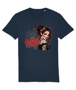 A navy blue short-sleeve womens t-shirt with a graphic print on the front. The graphic features the text 'Sweet but Psycho' in stylized black and red lettering, alongside an illustration of a woman with red hair, a black bandana, and a skull makeup look.