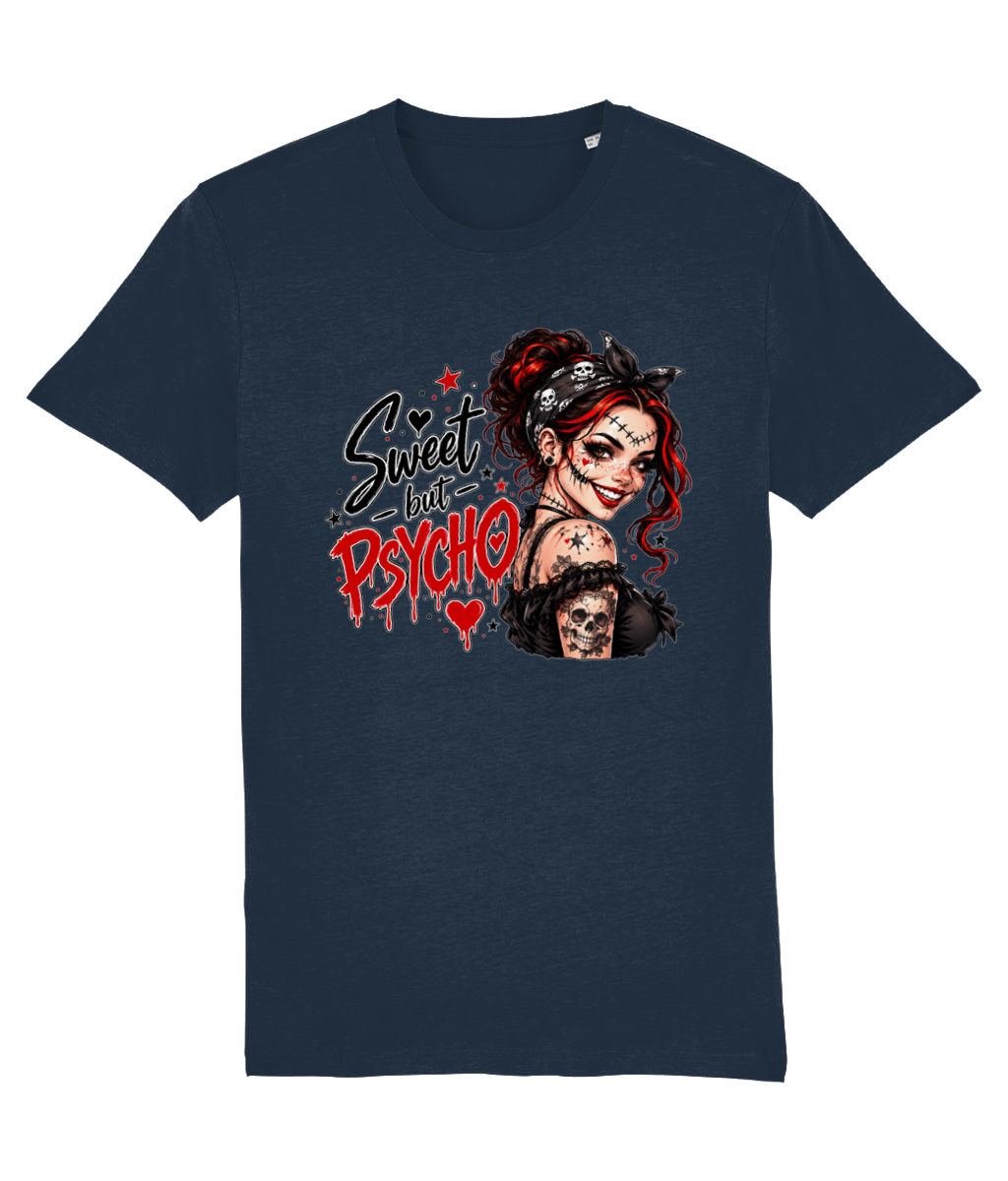 A navy blue short-sleeve womens t-shirt with a graphic print on the front. The graphic features the text 'Sweet but Psycho' in stylized black and red lettering, alongside an illustration of a woman with red hair, a black bandana, and a skull makeup look.