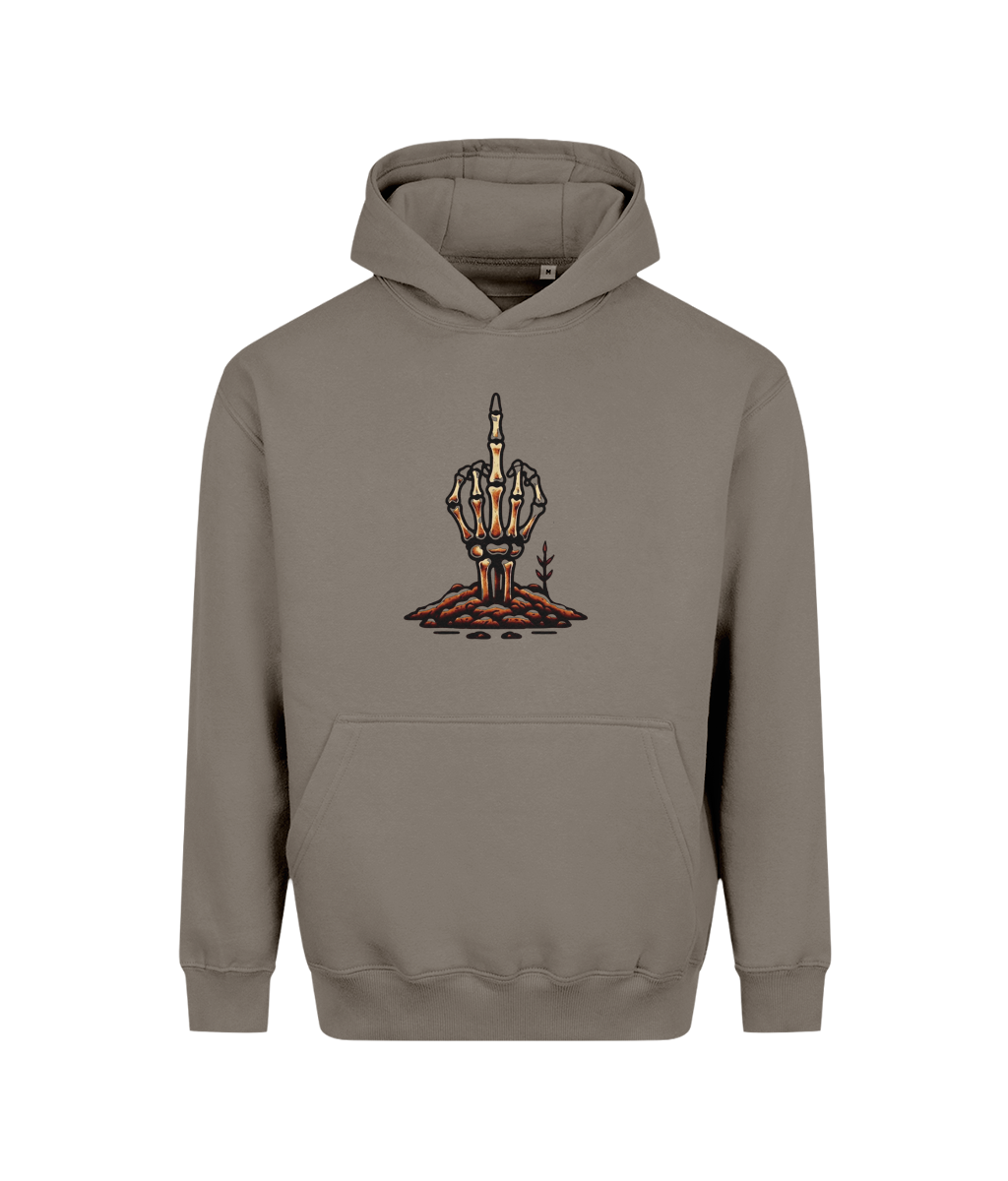 A taupe-brown pullover hoodie with a central graphic of a skeletal hand holding up a middle finger over a pile of coins, shown on a plain white background.