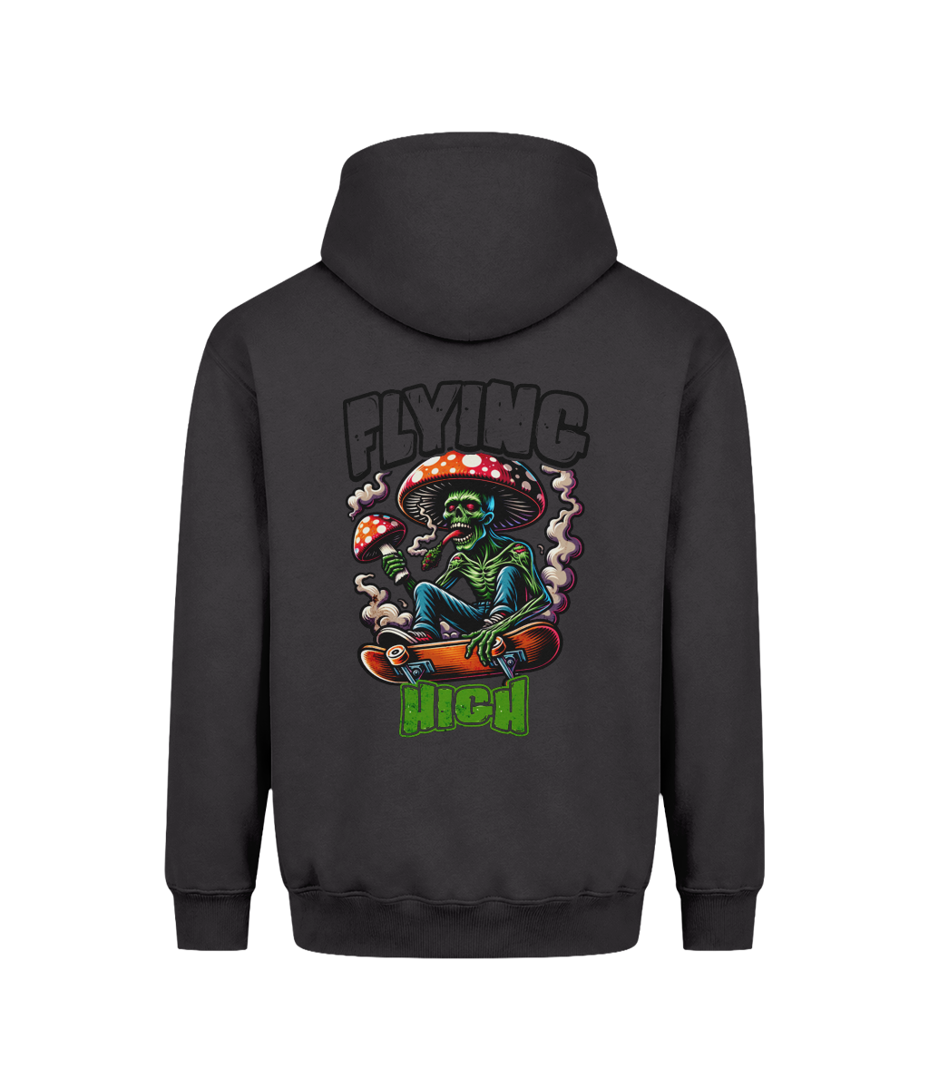 A dark gray hoodie shown from the back, featuring a colorful graphic of a green skeleton sitting on a skateboard under a large red-and-white mushroom, with the words 'FLYING HIGH' printed above and below.