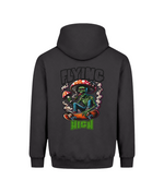 A dark gray hoodie shown from the back, featuring a colorful graphic of a green skeleton sitting on a skateboard under a large red-and-white mushroom, with the words 'FLYING HIGH' printed above and below.