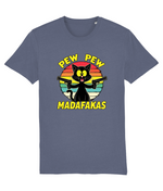 Blue t-shirt with a graphic of a cat holding guns and text 'Pew Pew Madafakas' on a white background