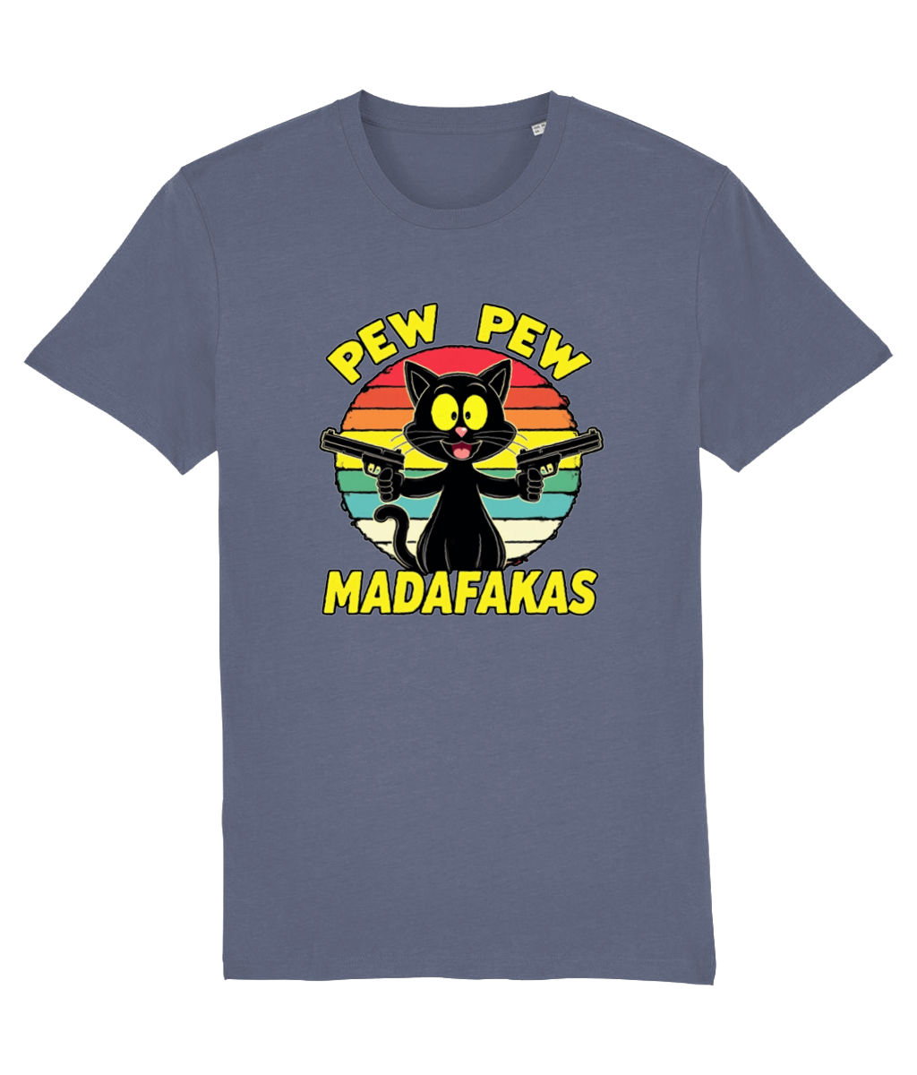 Blue t-shirt with a graphic of a cat holding guns and text 'Pew Pew Madafakas' on a white background
