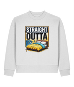 A light white crewneck womens sweatshirt featuring a graphic print on the front with the text 'STRAIGHT OUTTA' above an illustration of a bed with yellow and blue bedding.