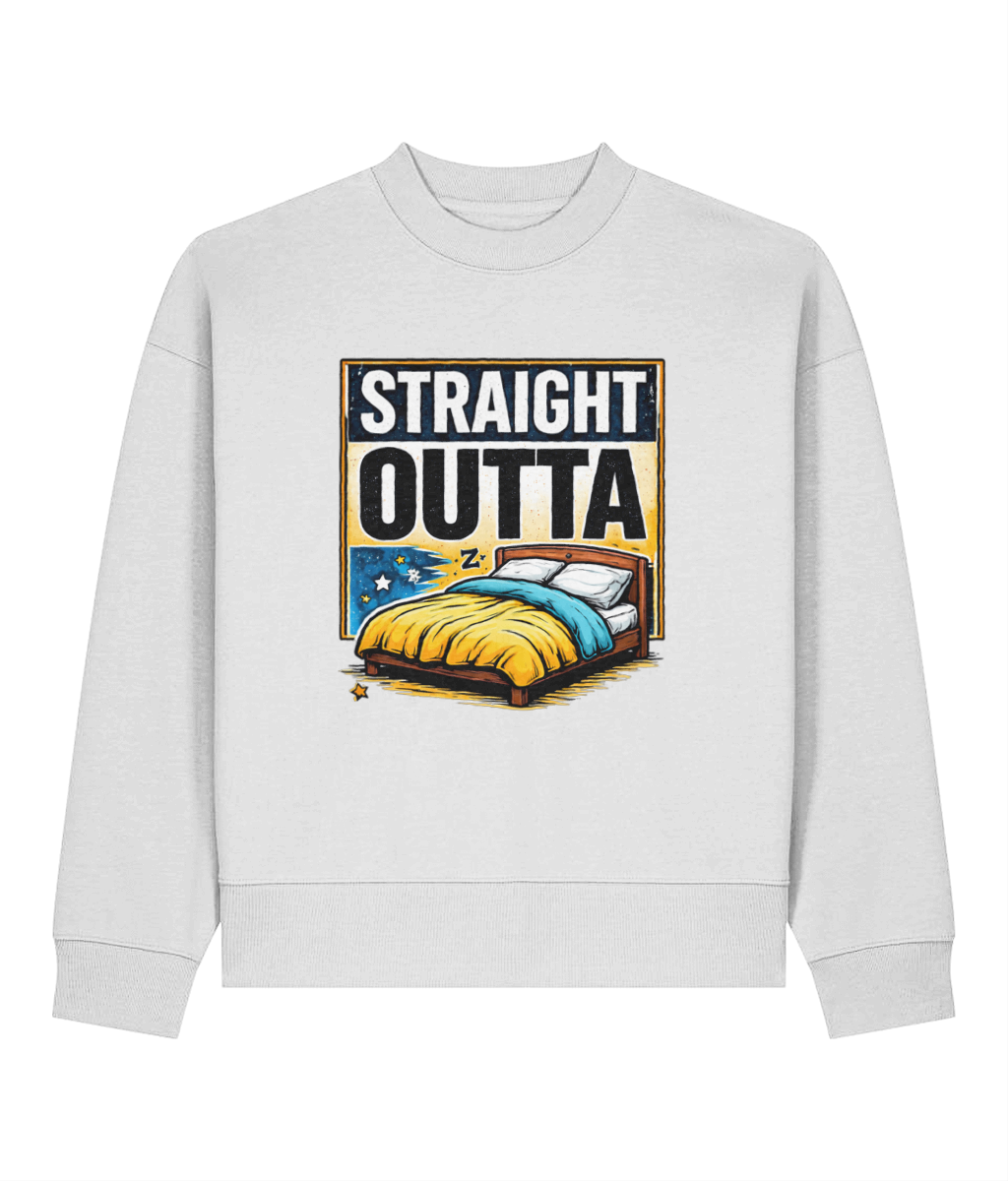 A light white crewneck womens sweatshirt featuring a graphic print on the front with the text 'STRAIGHT OUTTA' above an illustration of a bed with yellow and blue bedding.