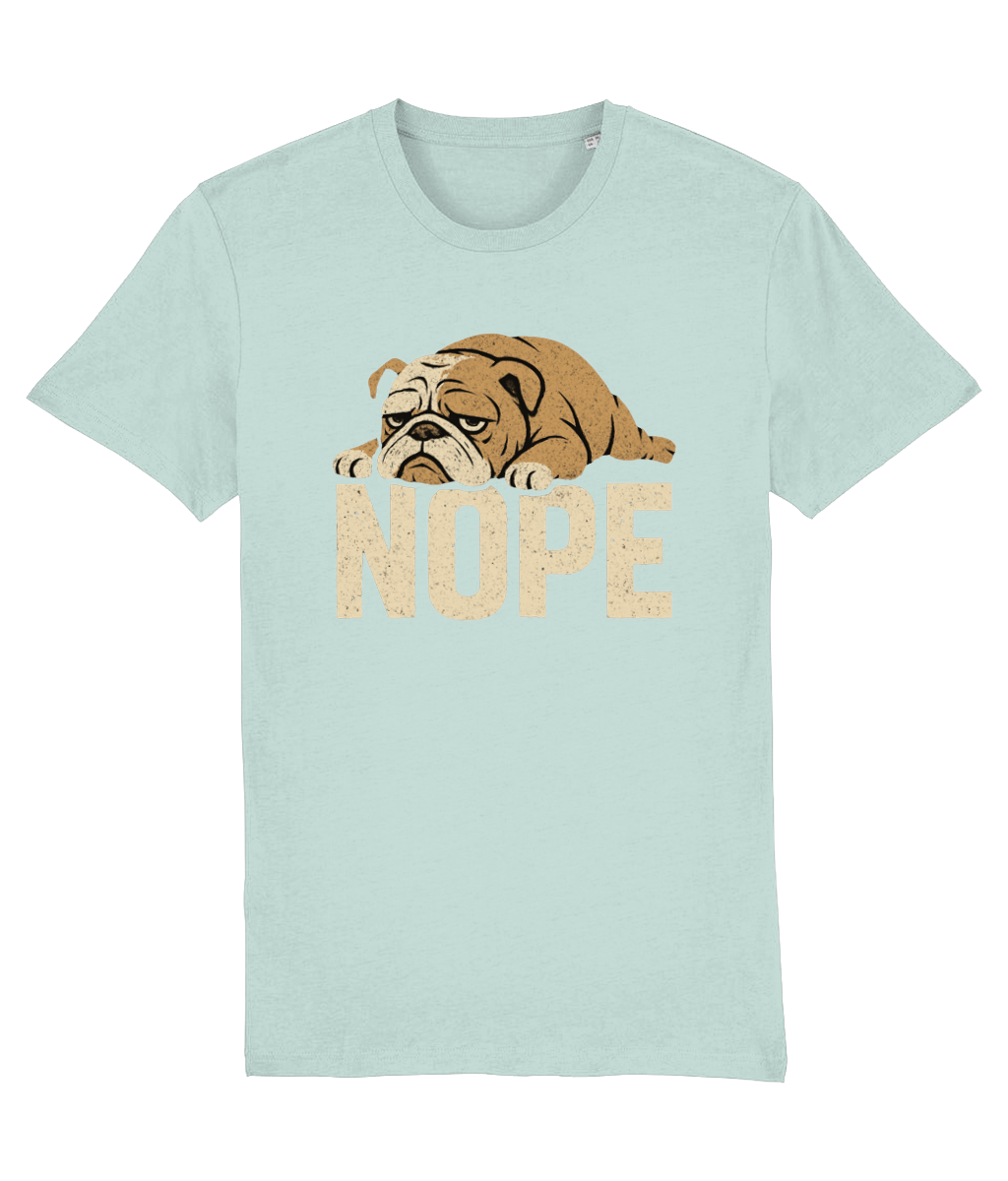 Woman Light blue t-shirt with a bulldog graphic and 'NOPE' text on a white background