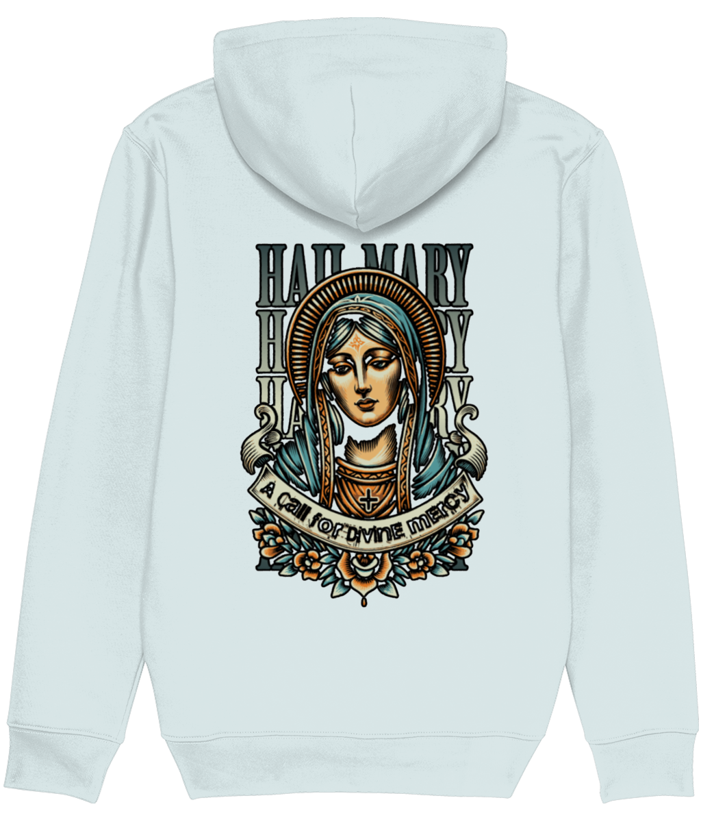 women's Light blue hoodie with a graphic of a religious figure and text on the back, on a white background.