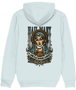 women's Light blue hoodie with a graphic of a religious figure and text on the back, on a white background.
