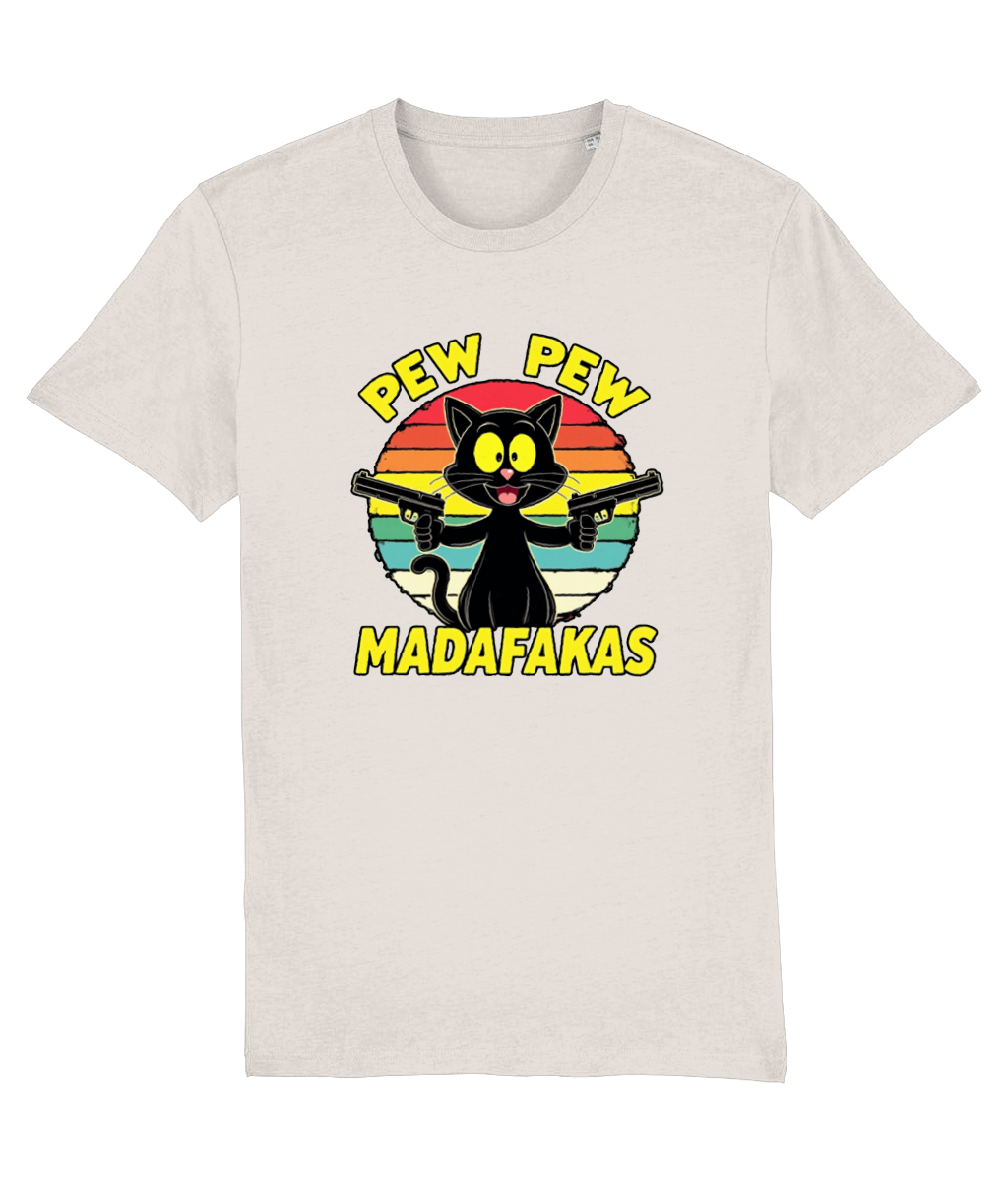 Beige t-shirt with a graphic of a cat holding guns and text 'Pew Pew Madafakas' on a white background