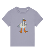 A womens Stanley/Stella Muser light purple-gray short-sleeve t-shirt featuring a cartoon graphic of a goose giving the middle finger, with a white body, orange beak and legs, and blue-gray outlines, displayed on a solid white background.