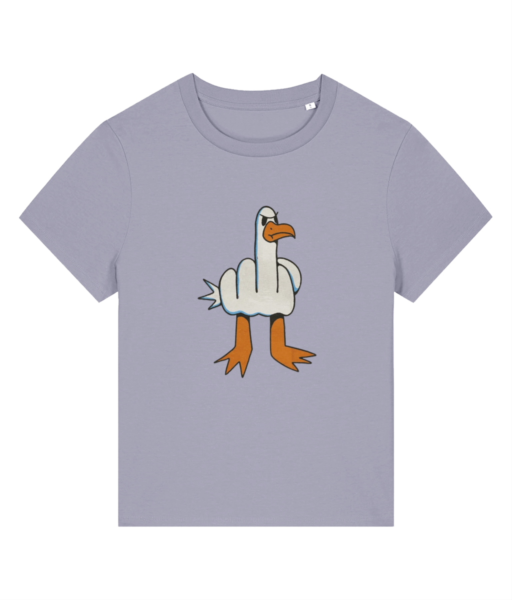 A womens Stanley/Stella Muser light purple-gray short-sleeve t-shirt featuring a cartoon graphic of a goose giving the middle finger, with a white body, orange beak and legs, and blue-gray outlines, displayed on a solid white background.