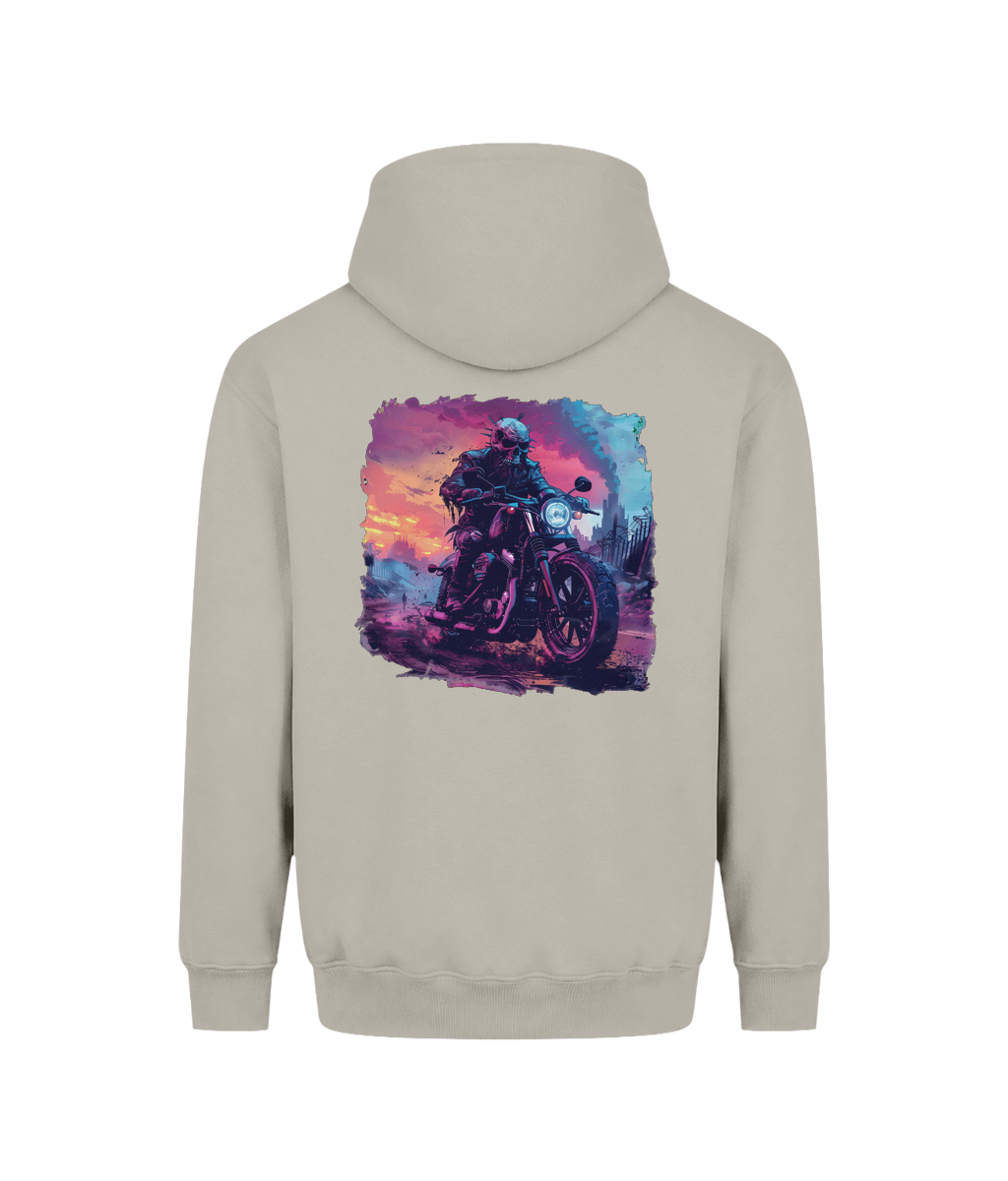 A men’s graphic hoodie with a dark motorcycle rider and skull design set against a colorful urban landscape.