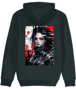A dark charcoal gray hoodie shown from the back, featuring a large rectangular graphic print on the center back. The graphic depicts a stylized cyberpunk woman with dark hair, red eye makeup, and a futuristic black outfit against a red, white, and black glitch-art background.