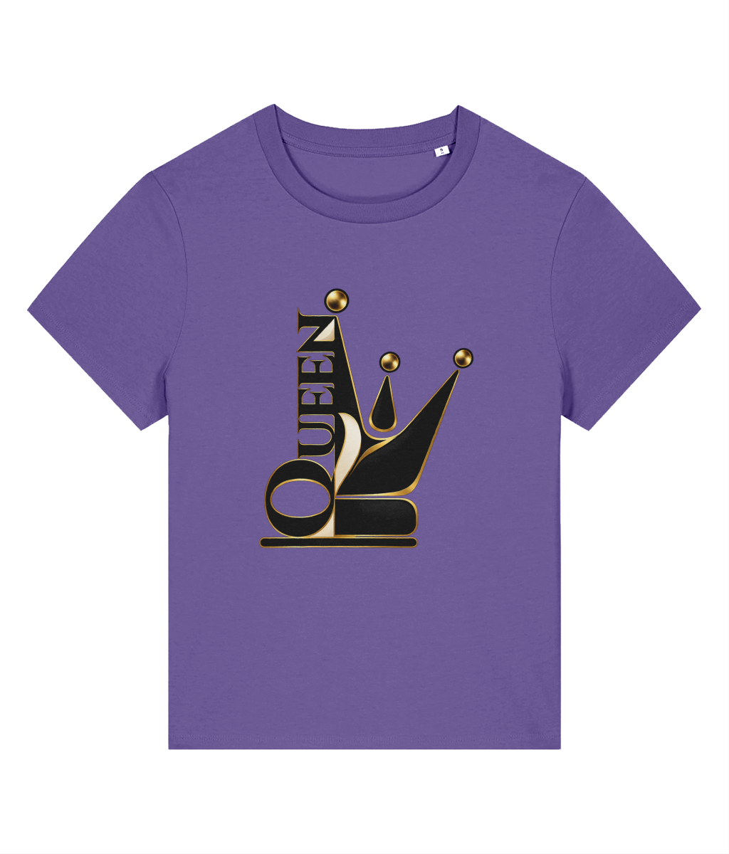 A purple short-sleeve crewneck womens t-shirt featuring a graphic of a stylized black and gold crown with the word 'QUEEN' printed vertically in black, set against a plain white background.