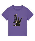 A purple short-sleeve crewneck womens t-shirt featuring a graphic of a stylized black and gold crown with the word 'QUEEN' printed vertically in black, set against a plain white background.