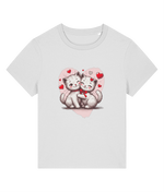 A womens light gray short-sleeve crewneck t-shirt featuring a cute graphic print of two hugging white kittens inside a pink heart with red hearts.