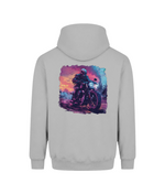 A light gray pullover hoodie shown from the back, featuring a large square graphic print of a motorcyclist riding a motorcycle against a colorful sunset sky.