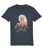 Women's Navy blue t-shirt with a colorful graphic of a woman and flowers, with text 'Be your own kind of beautiful' on a white background.