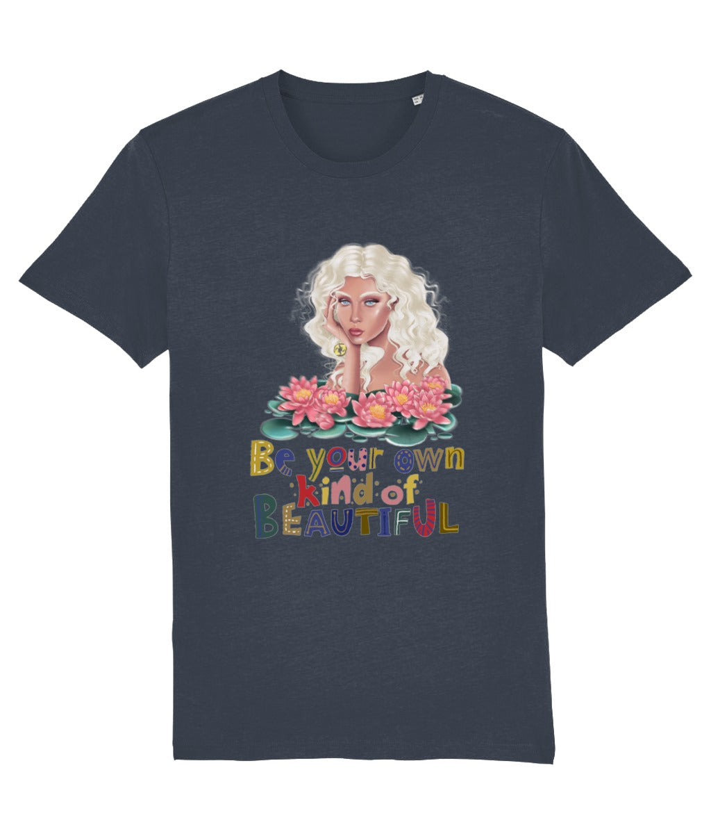 Women's Navy blue t-shirt with a colorful graphic of a woman and flowers, with text 'Be your own kind of beautiful' on a white background.