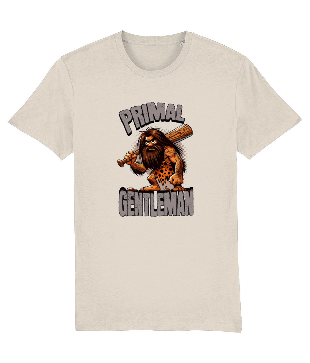 Beige t-shirt with a graphic of a caveman holding a club and text 'Primal Gentleman' on a white background.