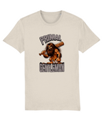 Beige t-shirt with a graphic of a caveman holding a club and text 'Primal Gentleman' on a white background.