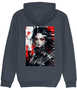 A dark gray hoodie shown from the back, featuring a large rectangular graphic print of a stylized woman with glitch-art effects in red, black, and white.