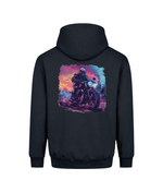 A men’s graphic hoodie with a dark motorcycle rider and skull design set against a colorful urban landscape.