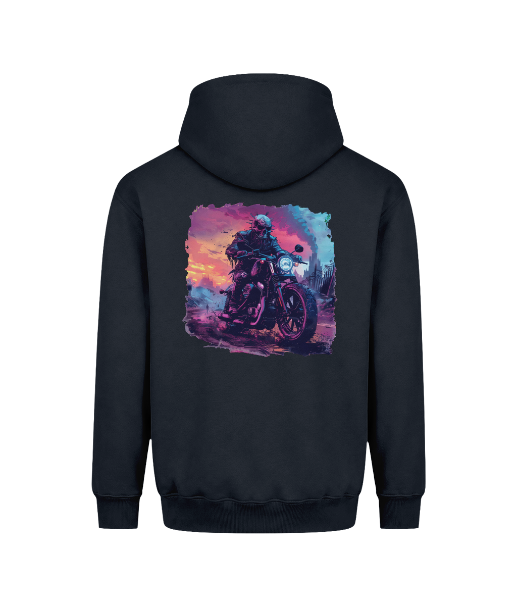 A men’s graphic hoodie with a dark motorcycle rider and skull design set against a colorful urban landscape.