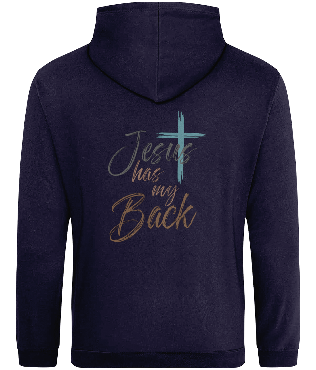 A dark navy blue women's hoodie shown from the back, featuring a graphic print with the text 'Jesus has my Back' in metallic gold and silver script, accented by a teal cross.