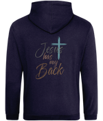 A dark navy blue women's hoodie shown from the back, featuring a graphic print with the text 'Jesus has my Back' in metallic gold and silver script, accented by a teal cross.