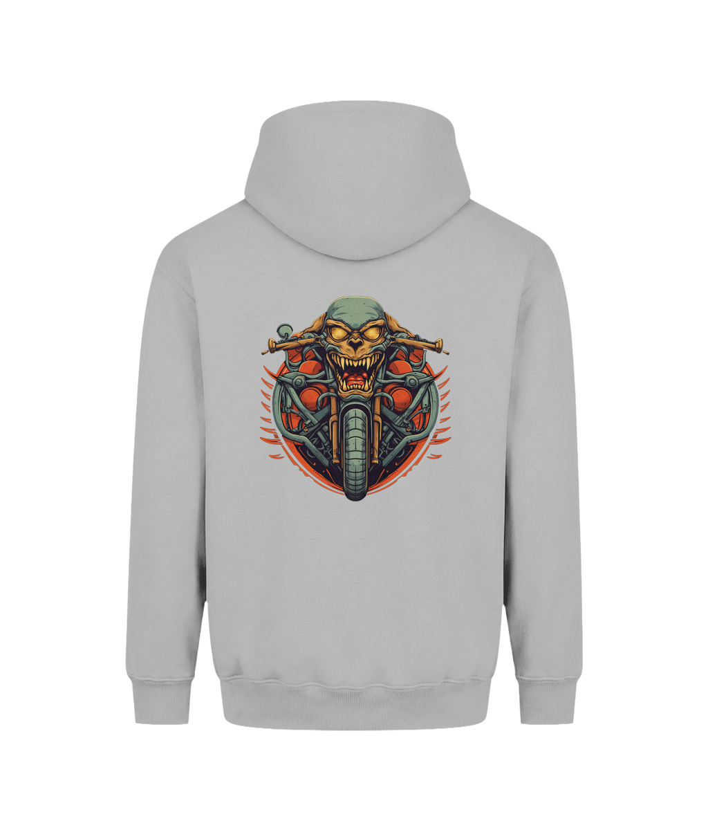 A light gray pullover hoodie shown from the back, featuring a large graphic print of a skull riding a motorcycle with red and orange flames.
