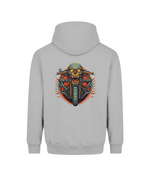A light gray pullover hoodie shown from the back, featuring a large graphic print of a skull riding a motorcycle with red and orange flames.