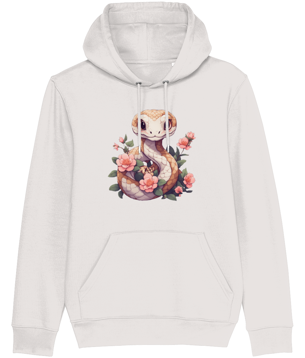Women's White hoodie with a snake and floral design on a white background